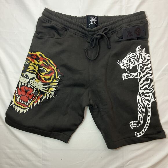 ED Hardy Screaming Tiger Graphic Printed Sweat Shorts Mens Medium Charcoal Gray - Picture 1 of 6